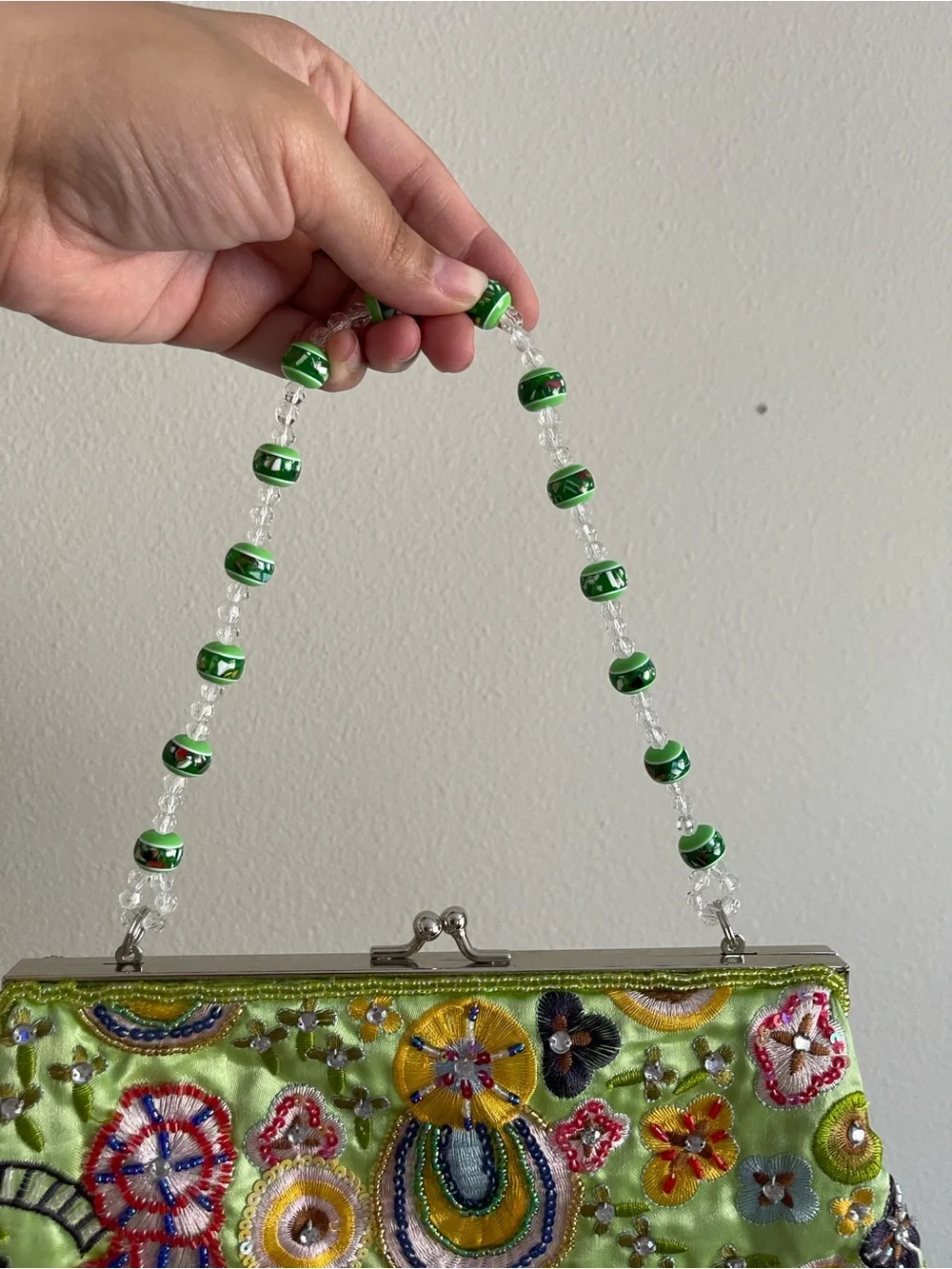 Embroidered Beaded Handle Green Evening Clutch